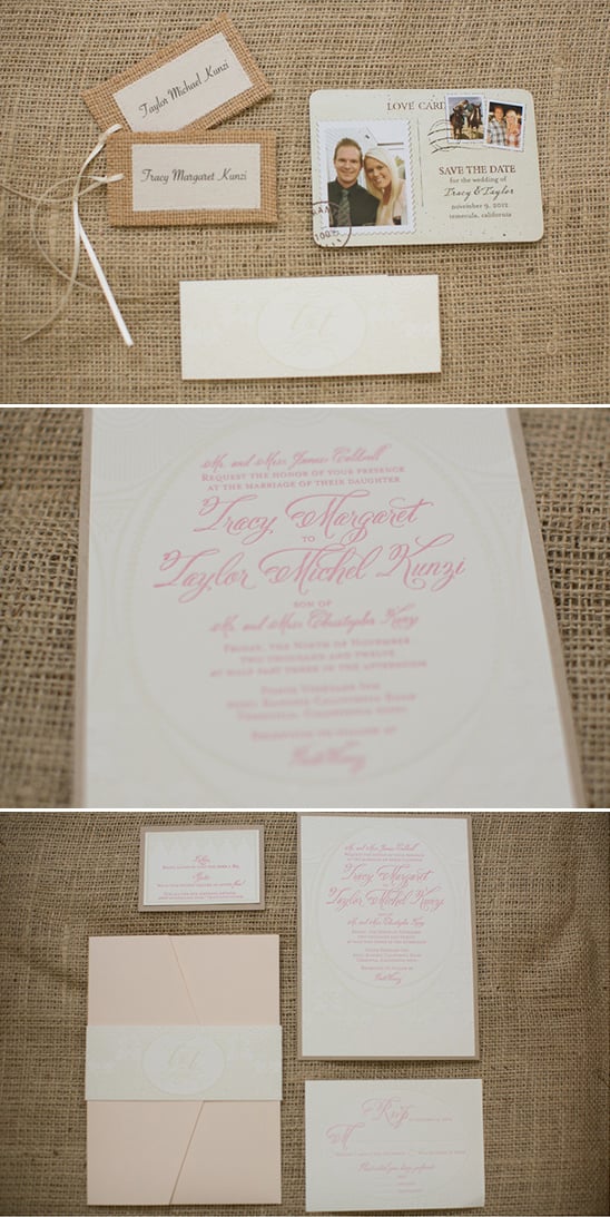 pink and burlap wedding invites by Pitbulls & Posies