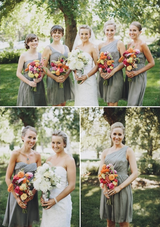 Bride and bridesmaids in gray dresses and bouquets