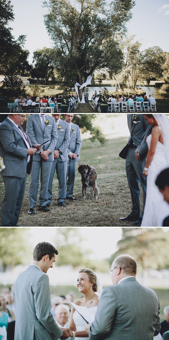 Outdoor wedding ceremony with dog looking on