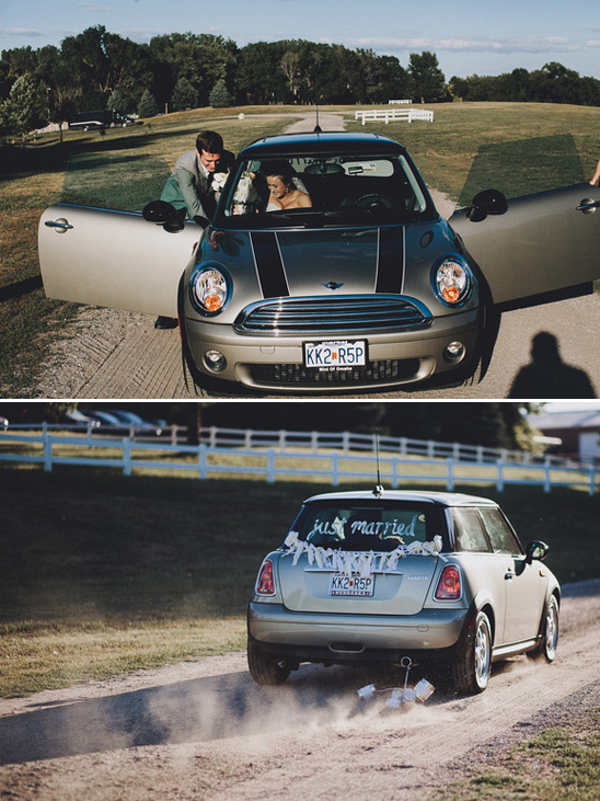 Newlyweds drive off in decorated Mini Cooper after wedding