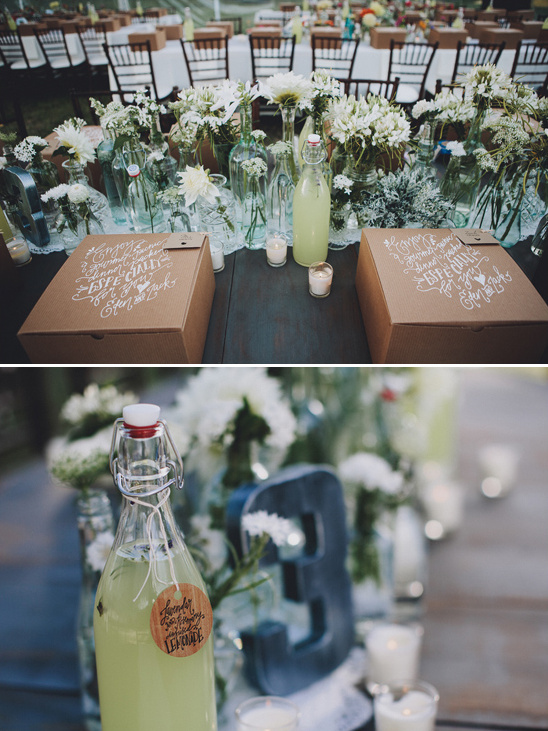 Wedding reception lemonade bottles and favors