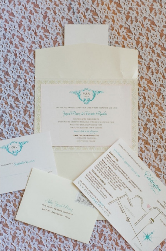elegant brown and turquoise wedding stationery