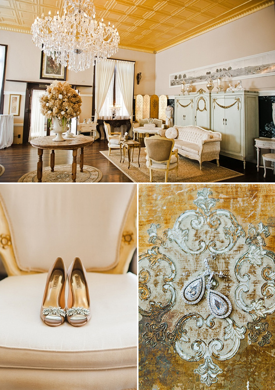 Elegant wedding details with shoes and venue decor