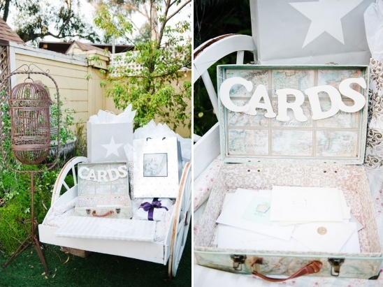 wagon for wedding gifts and vintage suitcase for cards