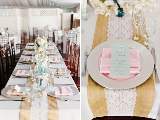 Elegant wedding reception table setting with pink and gold accents