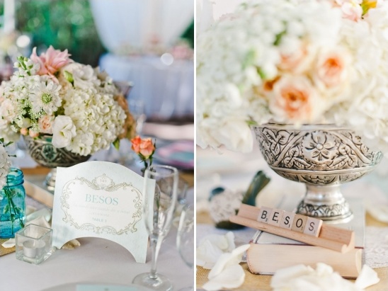 Elegant wedding table flowers with Besos name card