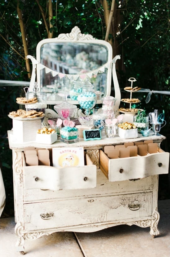 vintage vanity used for candy bar at a wedding