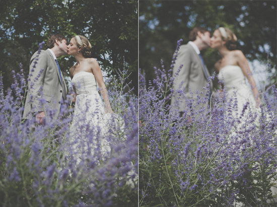 Bride and groom kiss in a field of lavender flowers