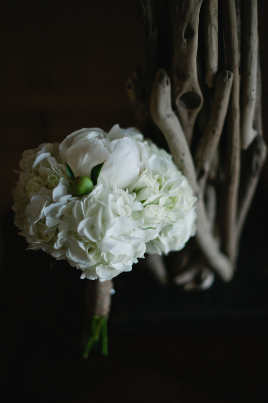 Elegant white peony and hydrangea wedding bouquet