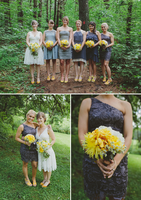 gray bridesmaid dresses with yellow shoes and bouquets