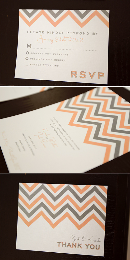 Peach and gray chevron wedding invitation