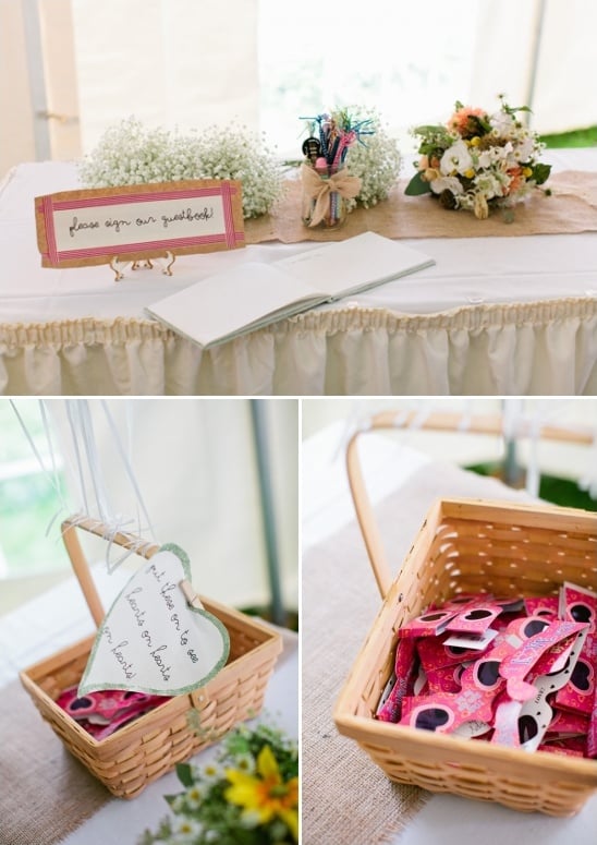 guestbook table and fun heart glasses for guests