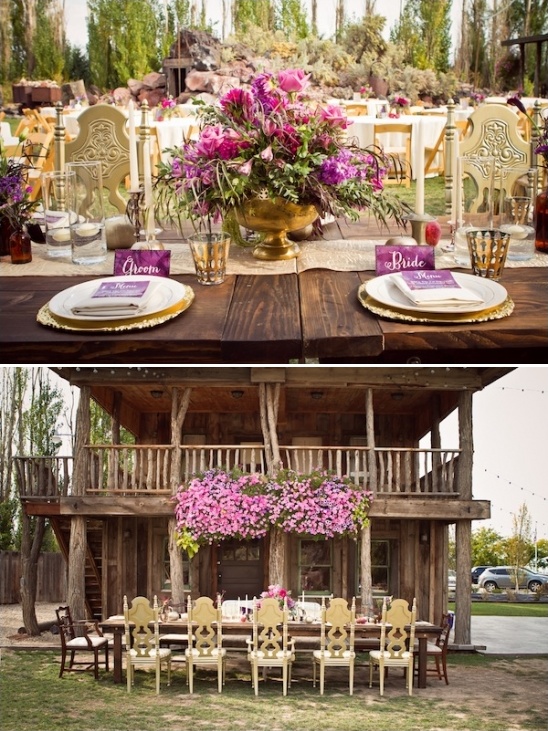 Rustic outdoor wedding reception with floral decor