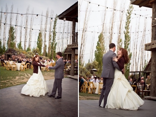 Bride and groom first dance at outdoor wedding reception