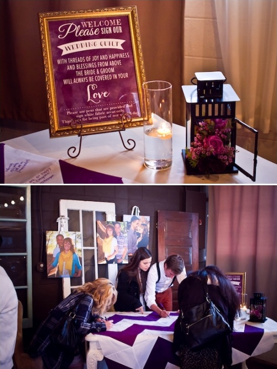 Guests signing a wedding quilt at a decorated reception