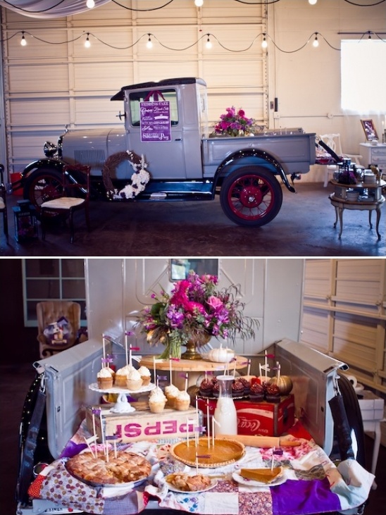 Vintage truck with flowers and desserts for event decor