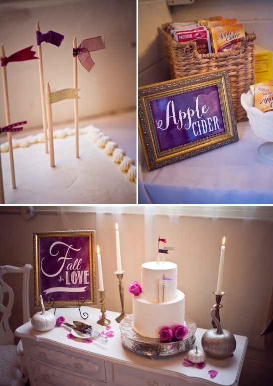Elegant fall wedding decor with cake and apple cider