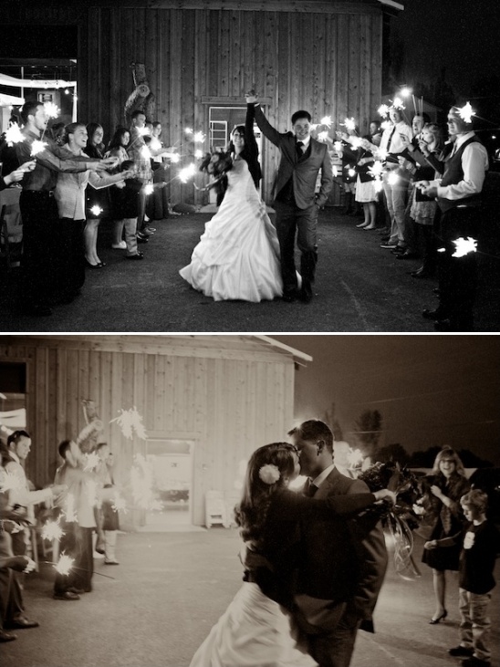 Bride and groom wedding exit with sparklers in black and white