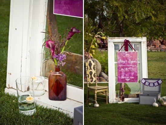 Wedding sign, purple flowers, outdoor decor