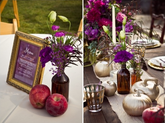 framed menu and metalic painted pumpkins and apples