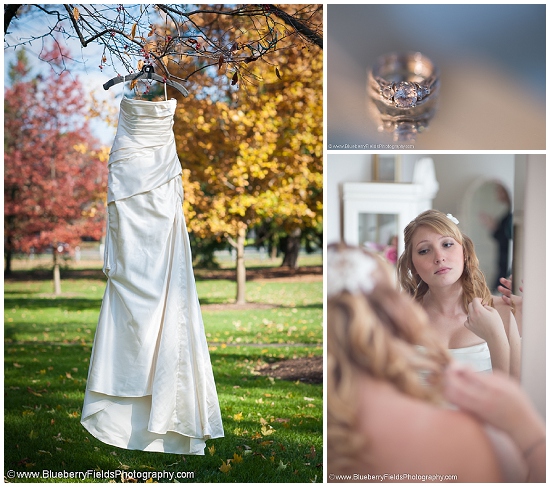 Elegant wedding dress hanging outdoors in autumn