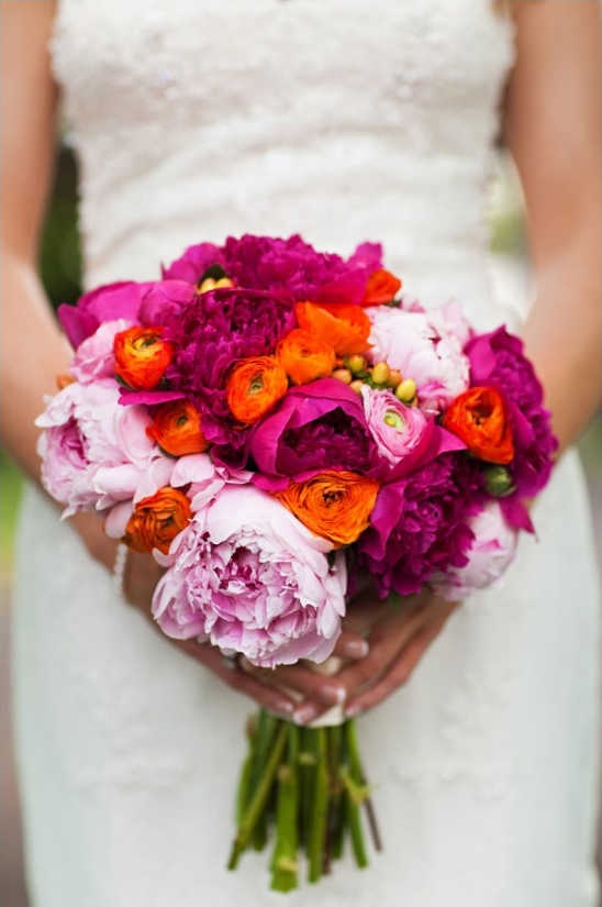 magenta, orange and light pink wedding bouquet