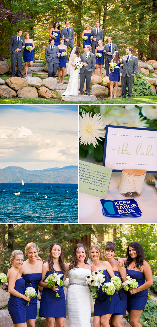 Lake Tahoe wedding with bridesmaids in blue dresses