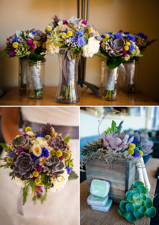 Lake Tahoe wedding with succulent bouquets and centerpieces