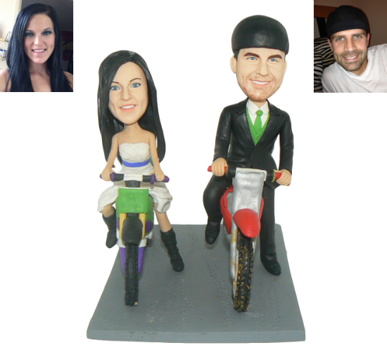 Custom bobblehead couple riding motorcycles, unique wedding decor