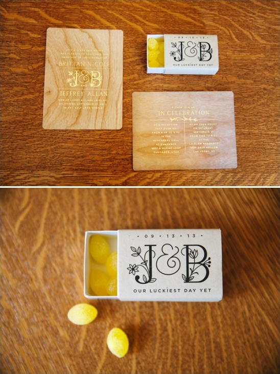 Wooden wedding invites with matchbox favors initials