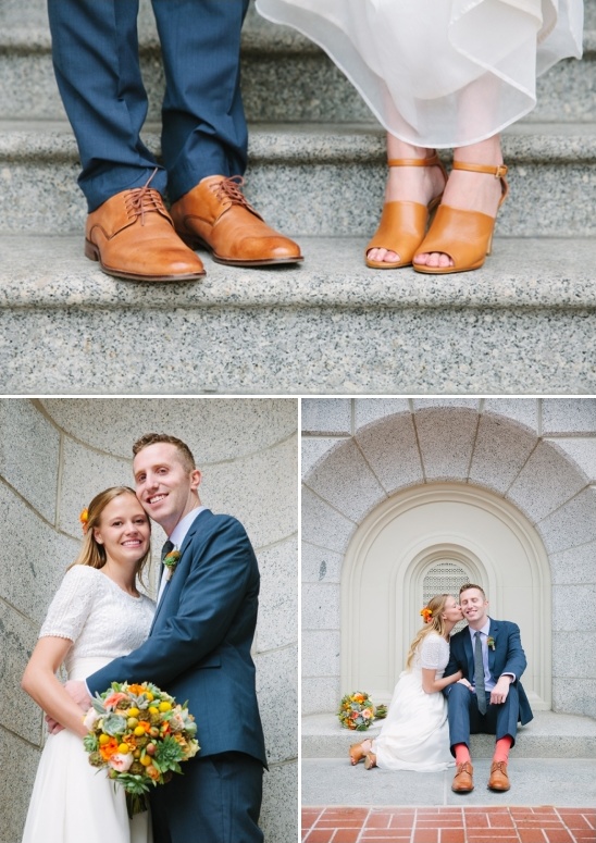 Bride and groom on their wedding day in tan shoes