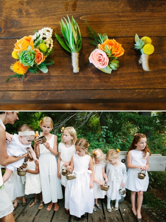 Wedding boutonnieres: orange, green, yellow flowers