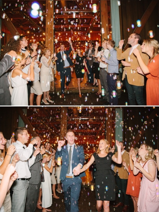 Wedding couple exits under bubble shower, guests celebrate