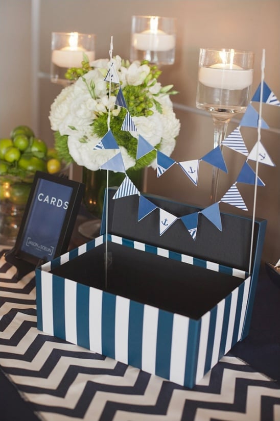 navy and white striped card box