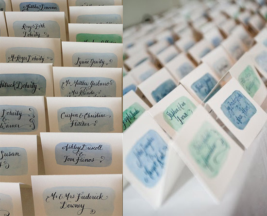 Watercolor wedding place cards with calligraphy names
