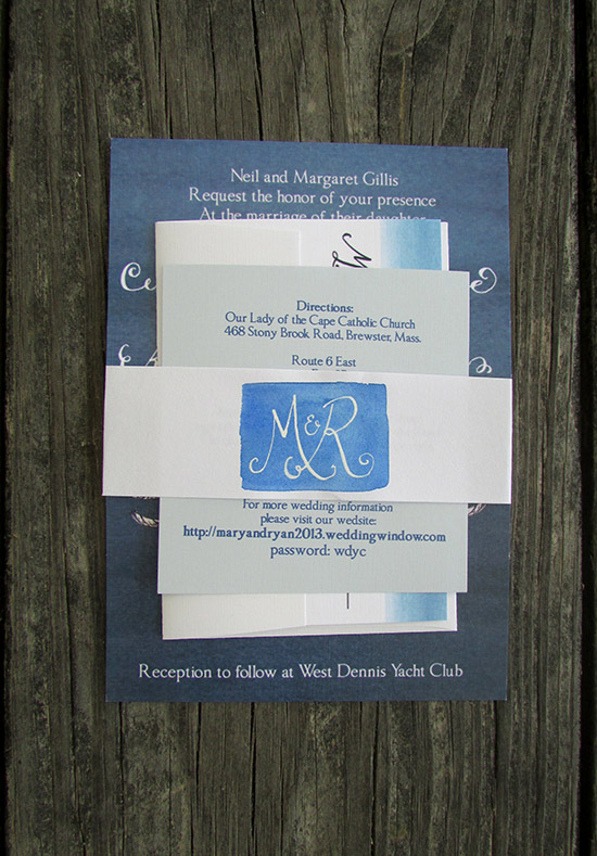 Elegant blue watercolor wedding invitation suite detail