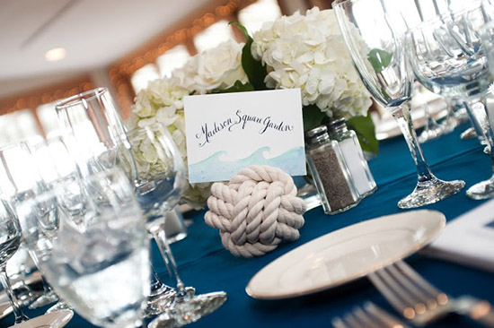 Nautical wedding reception table setting detail