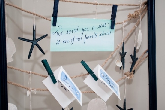 Nautical wedding seating chart with seashells and starfish