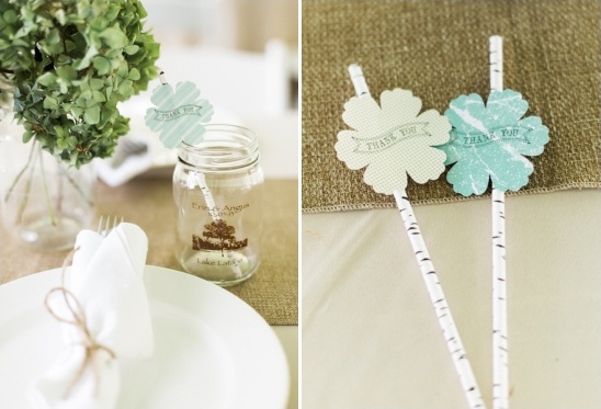 simple burlap and white plate table setting with birch paterned straws