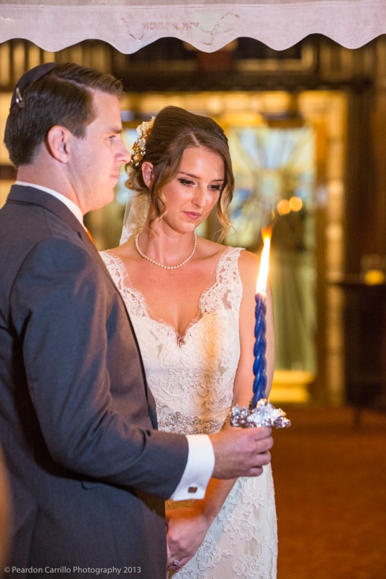 Jewish wedding couple lighting a candle