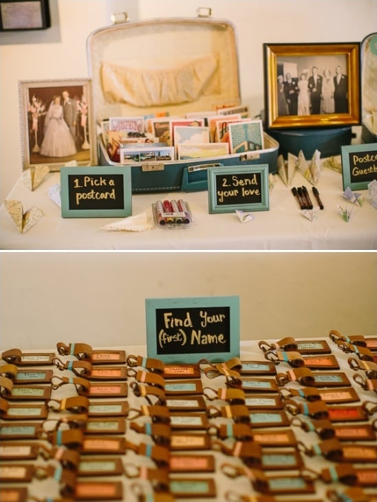 vintage postcard guestbook idea and luggage tag escort cards