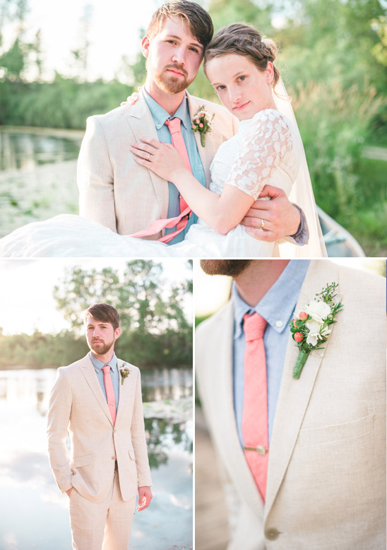 linen suited groom look with coral tie