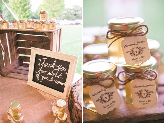 chalkboard thank you sign and honey wedding favors