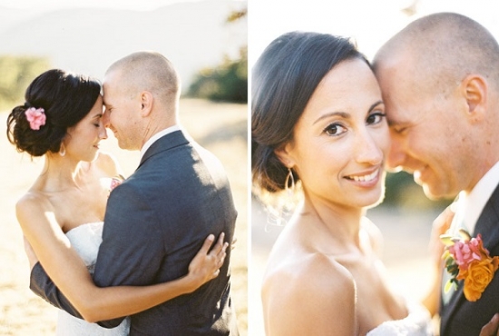 Bride and groom embrace in a beautiful outdoor wedding