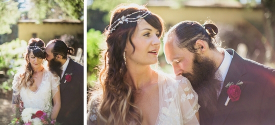 Bohemian wedding of happy couple outdoors in sunlight