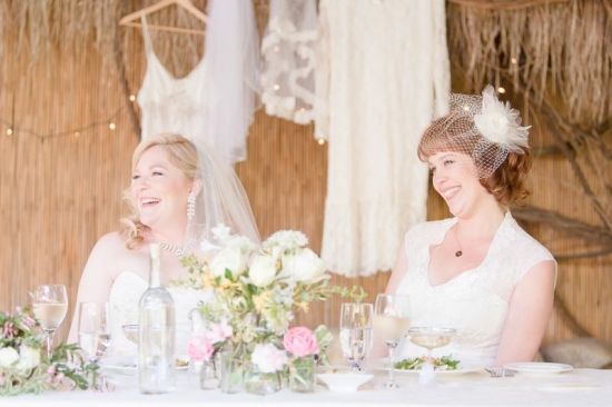 Happy brides at wedding reception