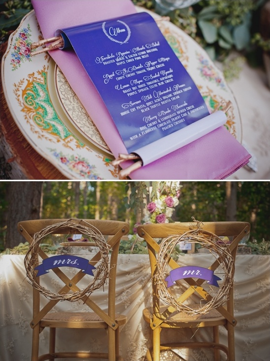 scroll menu and mr and mrs wreath seat signs