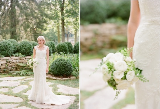 Bride in lace wedding dress with bouquet