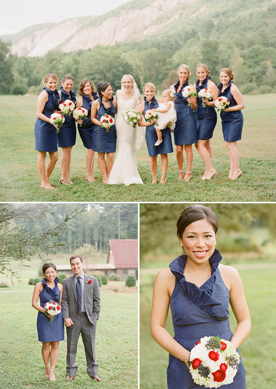 Navy blue bridesmaid dresses with red flowers