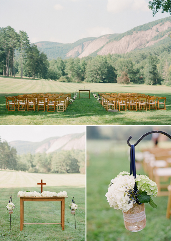 Outdoor wedding ceremony, wooden chairs, floral arrangements